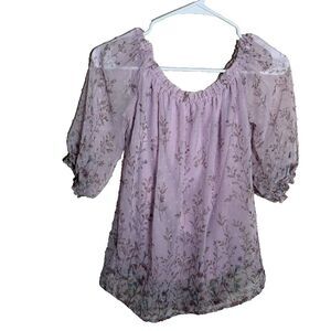 Sweet Rain Blouse Women's Small Purple Sheer Cottage Boho Puff Sleeve Romantic